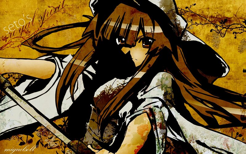 Anime Girl with Sword — Brown, Dramatic, Digital Art, Flowers