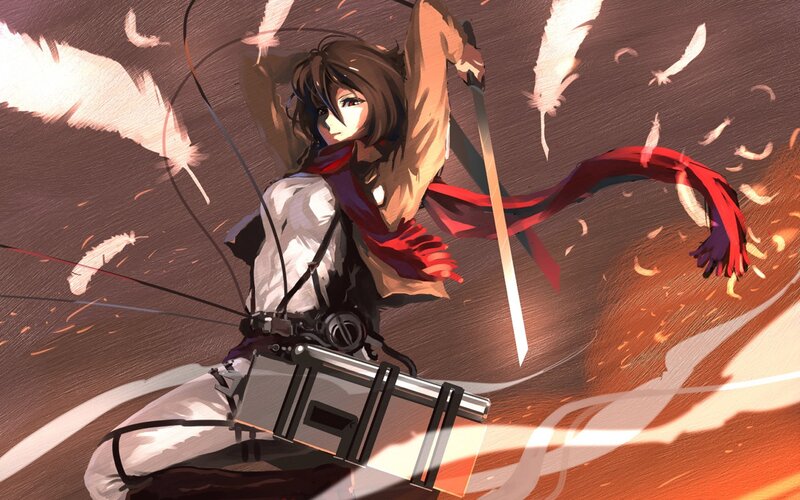 Anime Girl with Sword — Brown, Dramatic, Digital Art, Scarf