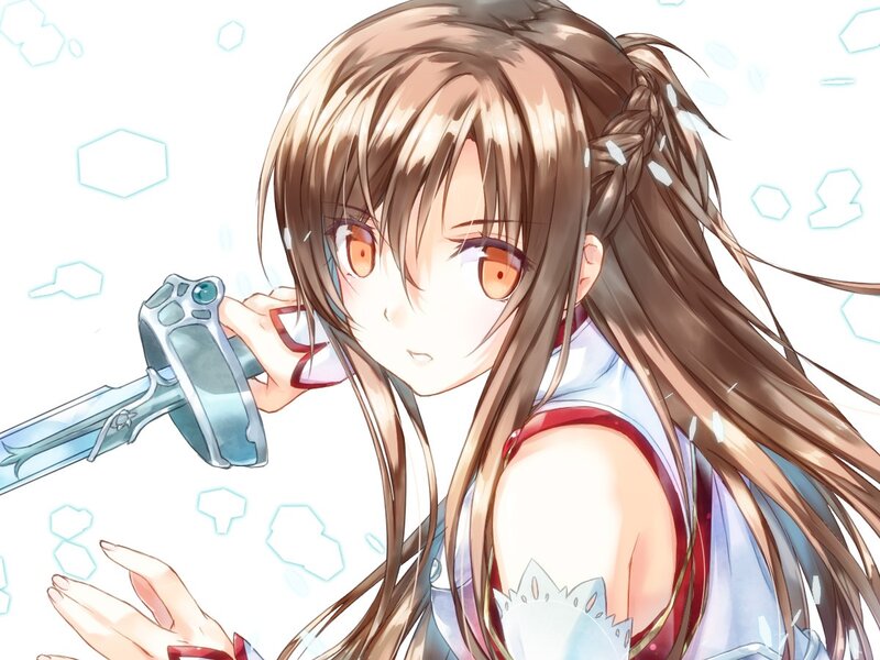 Anime Girl with Sword — Brown, Dramatic, Long Hair, Orange Eyes