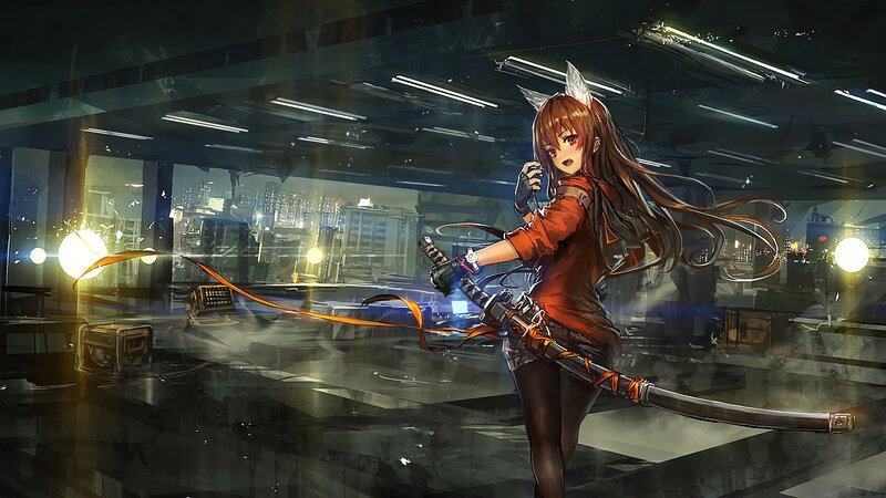 Anime Girl with Sword — Brown, Dramatic, Night, Digital Art, Cityscape, Cat Ears