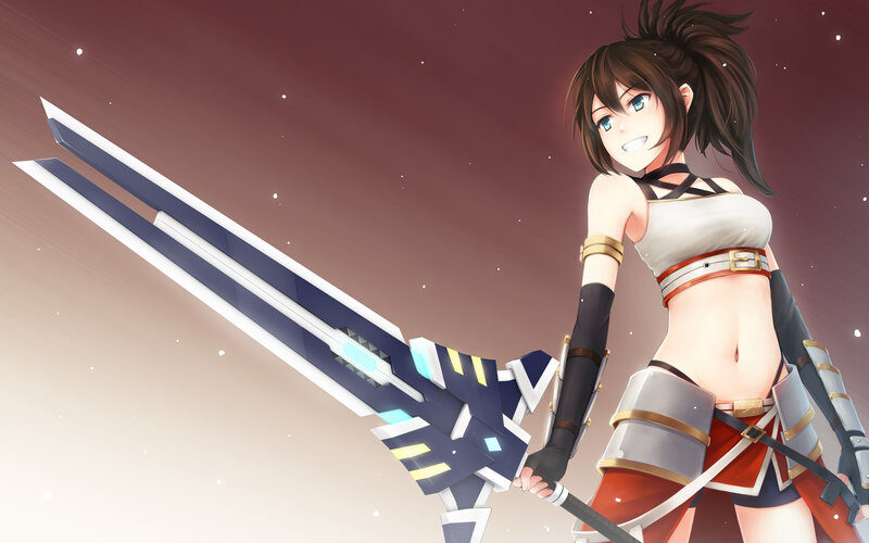 Anime Girl with Sword — Brown, Dramatic, Night, Digital Art