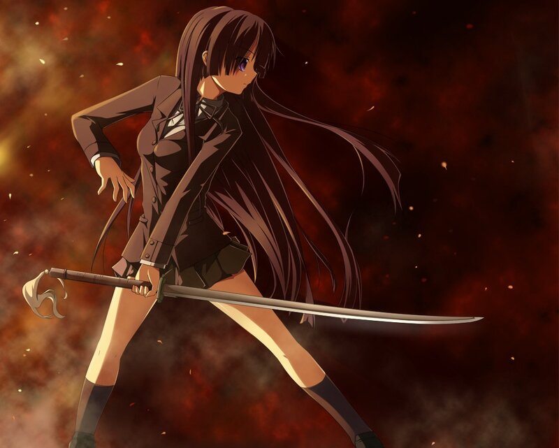 Anime Girl with Sword — Brown, Dramatic, School Uniform