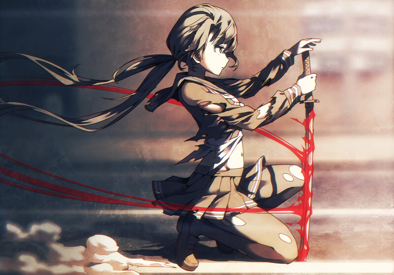 Anime Girl with Sword — Brown, Dramatic, Sunset, Ribbon