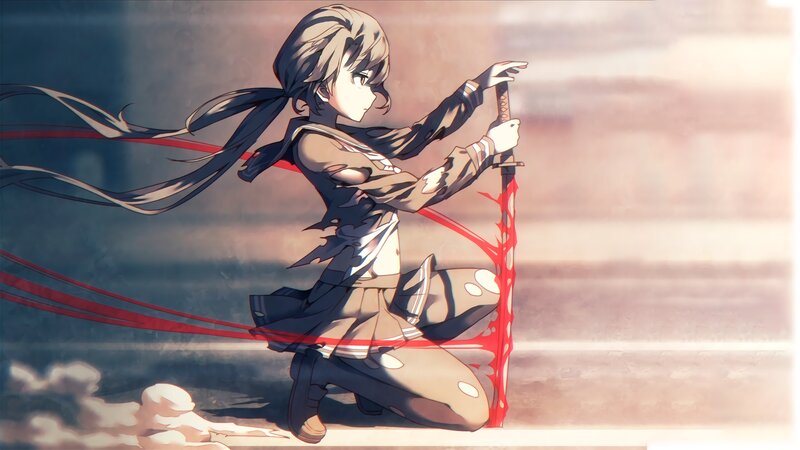 Anime Girl with Sword — Brown, Dramatic, Sunset, School Uniform