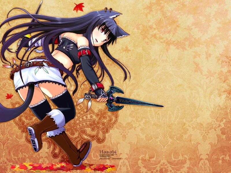 Anime Girl with Sword — Brown, Dynamic, Autumn, Fallen Leaves