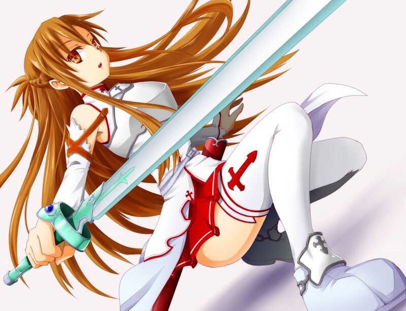 Anime Girl with Sword — Brown, Dynamic, Long Hair, White Outfit, White
