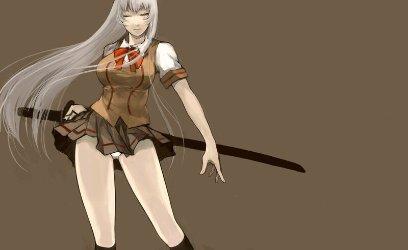 Anime Girl with Sword — Brown, Serious