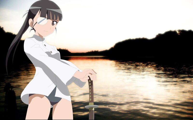 anime girl with sword by lake