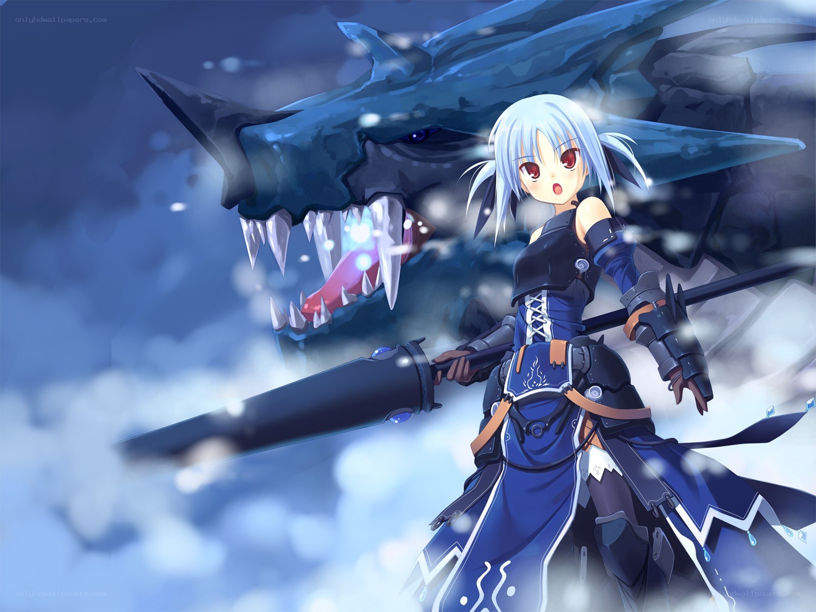anime girl with sword facing dragon