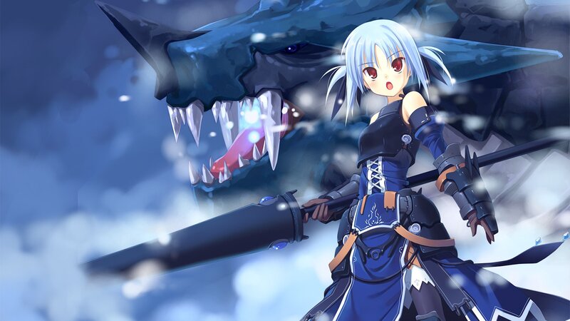 anime girl with sword facing monster