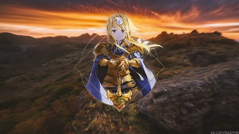 Anime Girl with Sword — Gold, Dramatic, Sunset