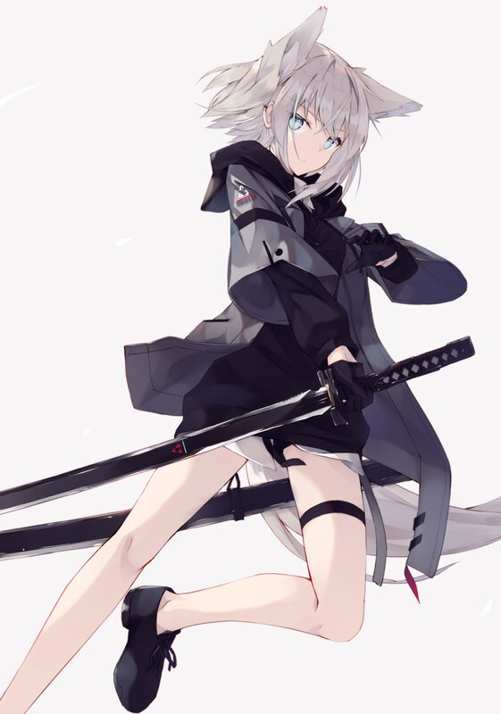 Anime Girl with Sword — Gray, Calm, Digital Art, Cat Ears