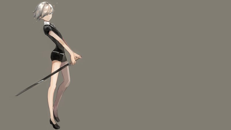 Anime Girl with Sword — Gray, Calm, Digital Art, Short Hair
