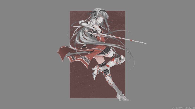 Anime Girl with Sword — Gray, Dramatic, Digital Art, Blood
