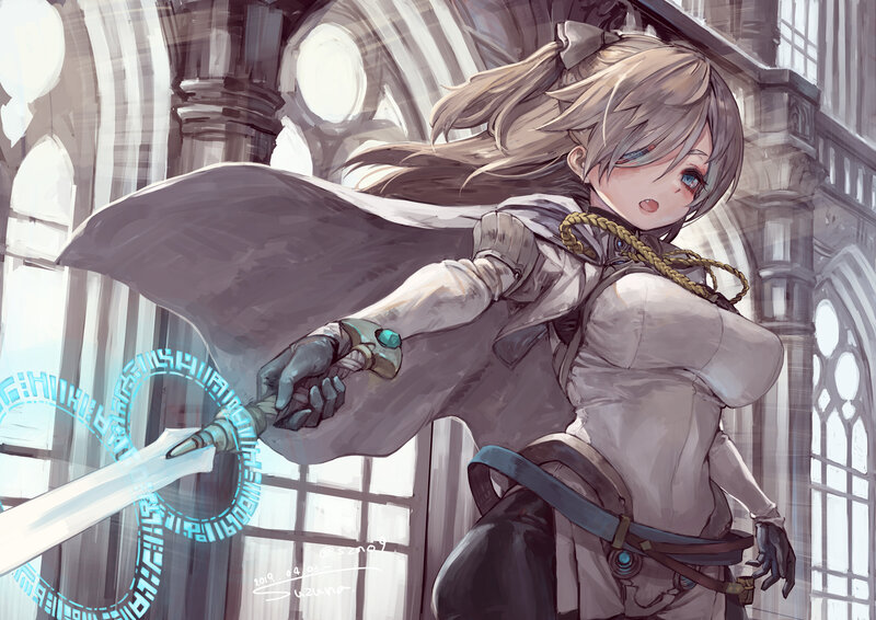 Anime Girl with Sword — Gray, Dramatic, Digital Art, Cape