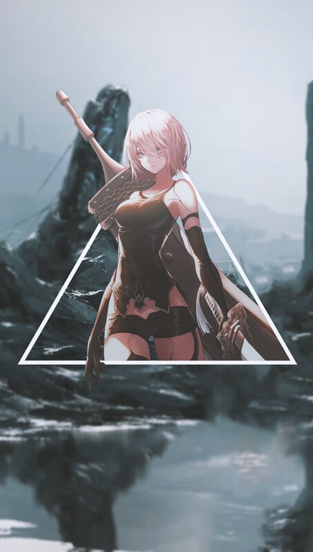Anime Girl with Sword — Gray, Dramatic, Digital Art, Mountain