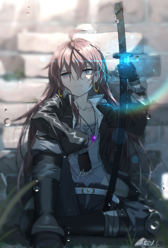 Anime Girl with Sword — Gray, Dramatic, Digital Art, Rain