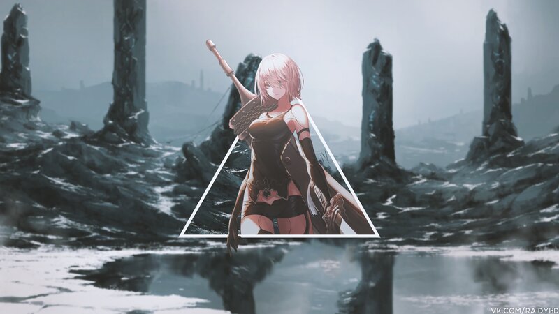 Anime Girl with Sword — Gray, Dramatic, Digital Art, Rock Formations