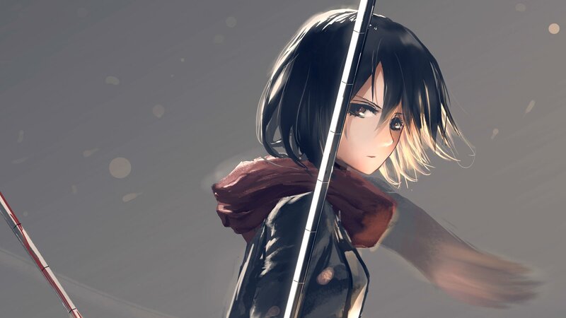 Anime Girl with Sword — Gray, Dramatic, Digital Art, Scarf