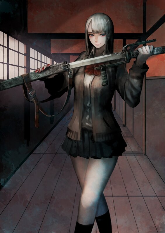 Anime Girl with Sword — Gray, Dramatic, Digital Art, School Uniform