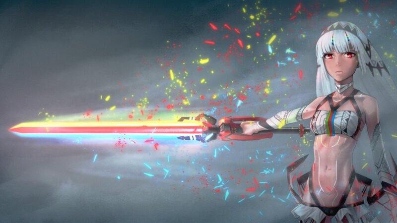 Anime Girl with Sword — Gray, Dramatic, Digital Art, Sparks