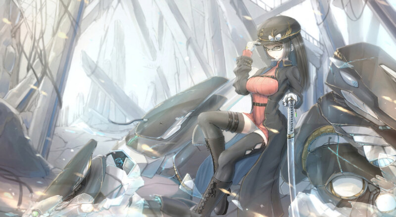 Anime Girl with Sword — Gray, Dramatic, Digital Art