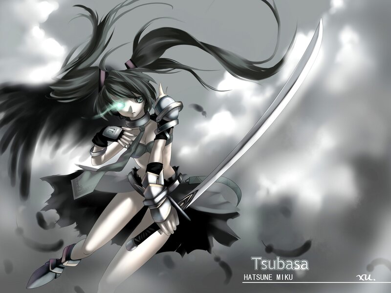 Anime Girl with Sword — Gray, Dramatic, Digital Art, Wings, Armor