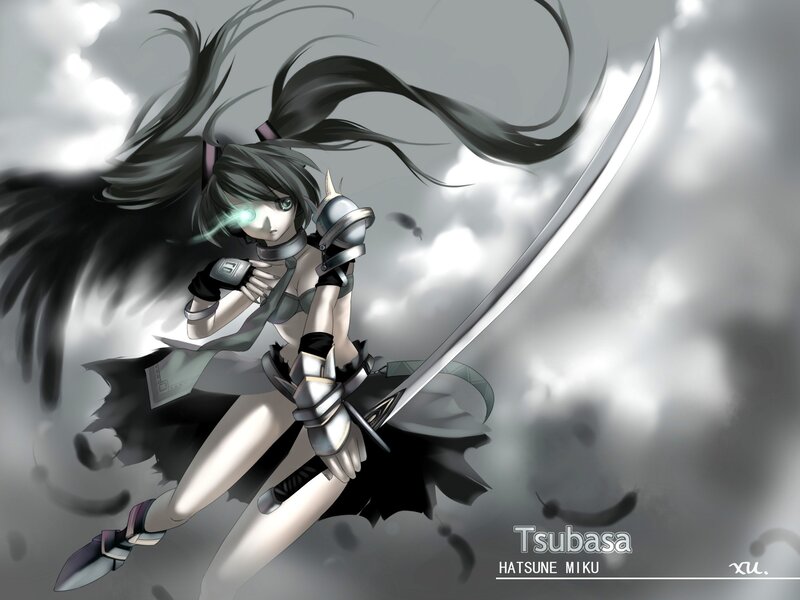 Anime Girl with Sword — Gray, Dramatic, Digital Art, Wings, Clouds