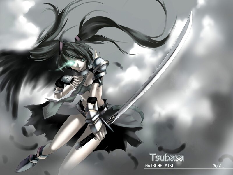 Anime Girl with Sword — Gray, Dramatic, Digital Art, Wings