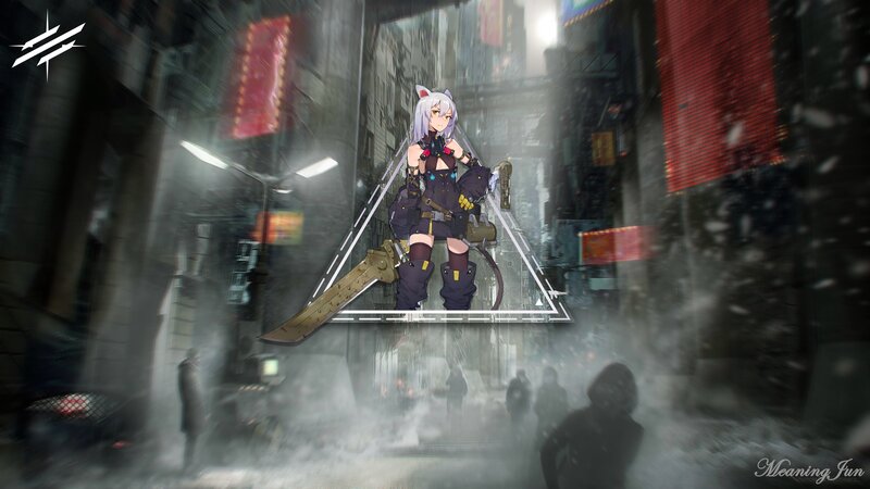 Anime Girl with Sword — Gray, Dramatic, Night, Digital Art, Cyberpunk City