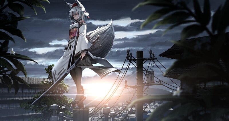 Anime Girl with Sword — Gray, Dramatic, Sunset