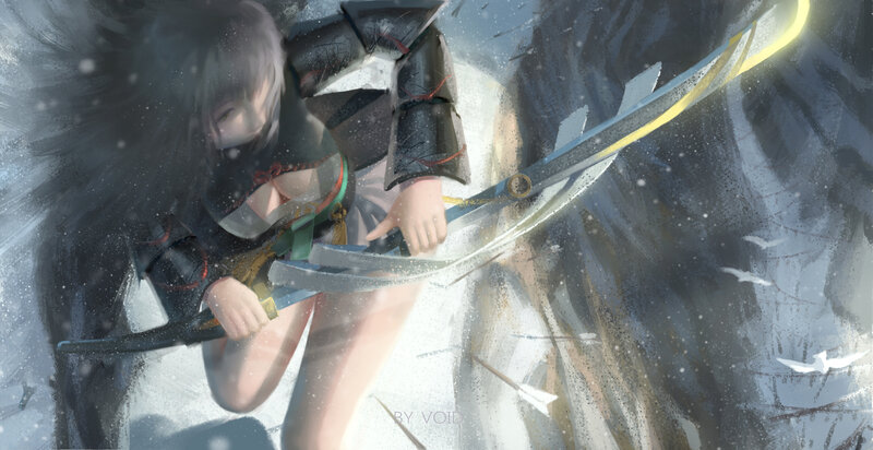 Anime Girl with Sword — Gray, Dramatic, Winter, Digital Art