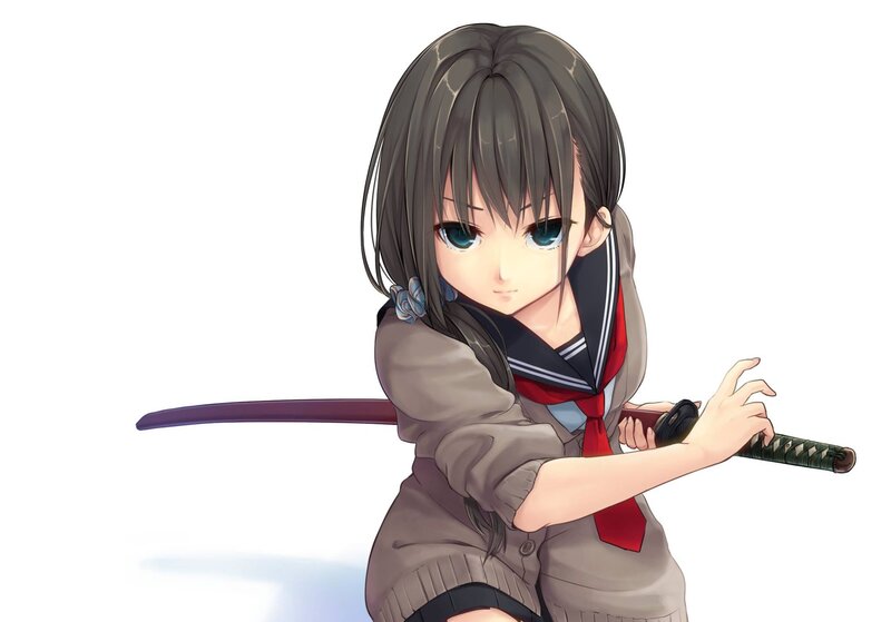 Anime Girl with Sword — Gray, Serious, School Uniform