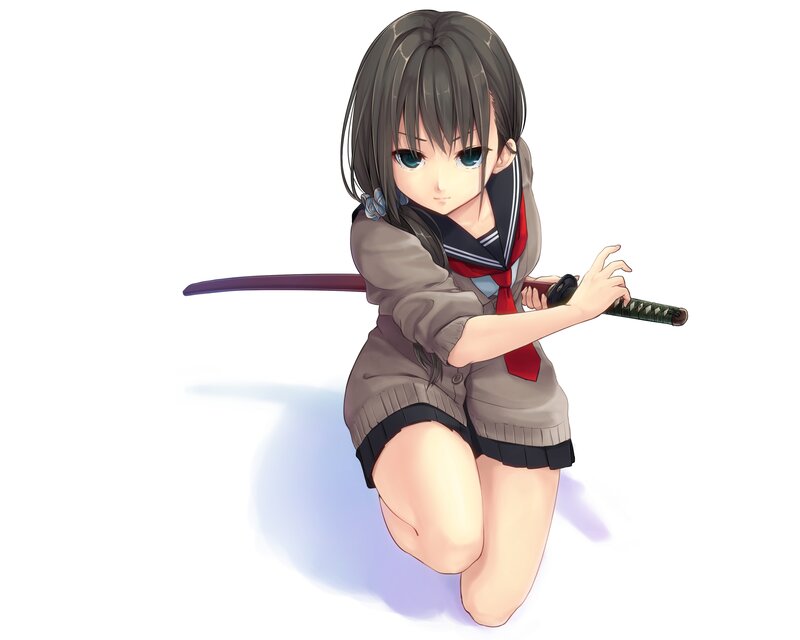 Anime Girl with Sword — Gray, Serious