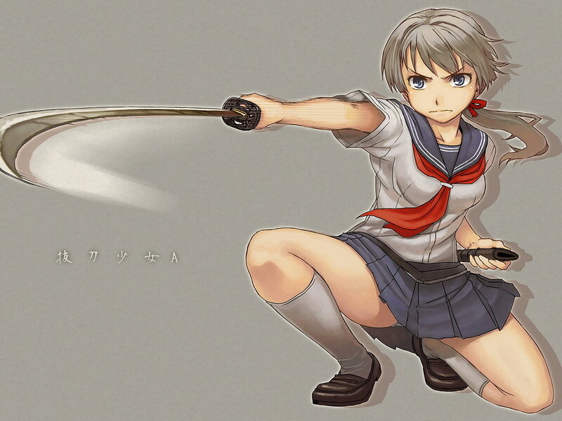 Anime Girl with Sword — Gray