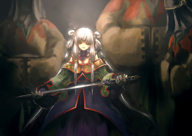 Anime Girl with Sword — Green, Dramatic, Digital Art, Armor