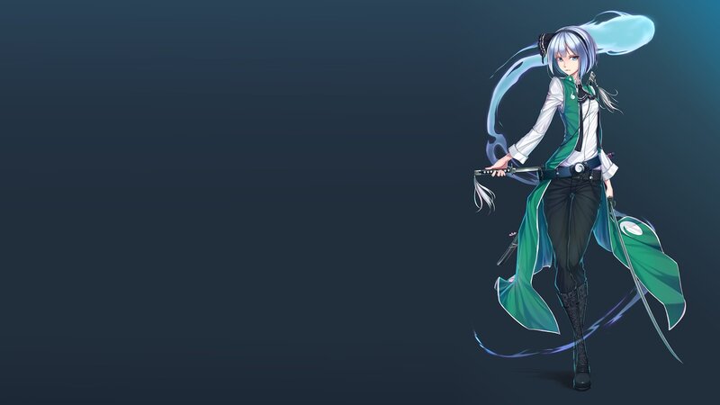 Anime Girl with Sword — Green, Dramatic, Digital Art, Cape