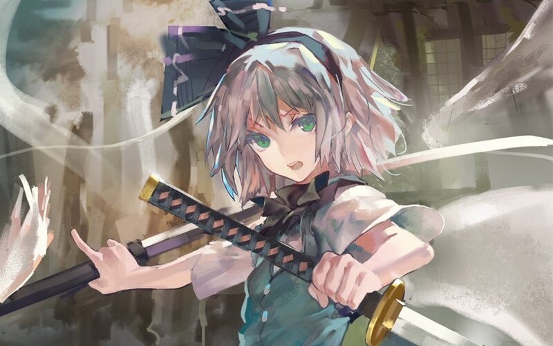 Anime Girl with Sword — Green, Dramatic, Digital Art, Green Eyes