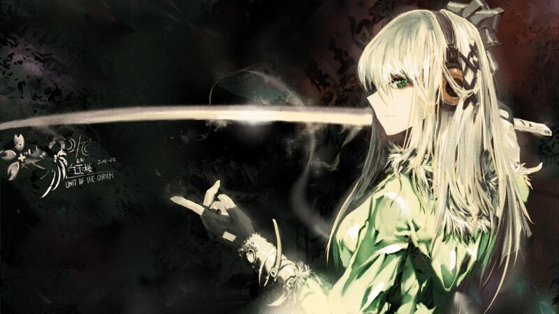 Anime Girl with Sword — Green, Dramatic, Digital Art, Headphones
