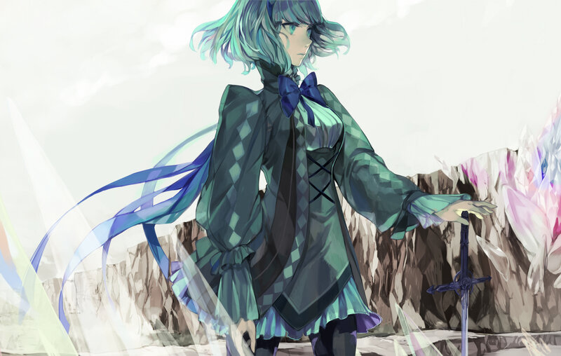 Anime Girl with Sword — Green, Dramatic, Digital Art, Ribbon