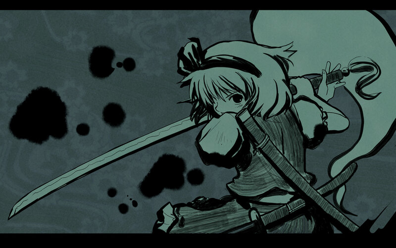Anime Girl with Sword — Green, Dramatic, Manga, Blood Splatters