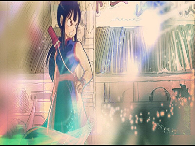 Anime Girl with Sword — Green, Dramatic, Manga, Curtains