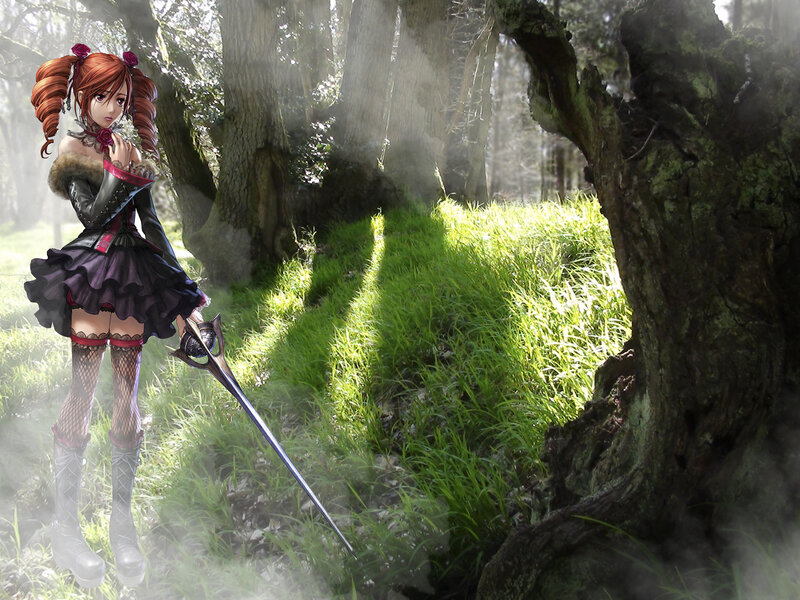 Anime Girl with Sword — Green, Dramatic, Morning