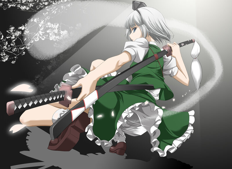 Anime Girl with Sword — Green, Dramatic, Night, Cherry Blossoms