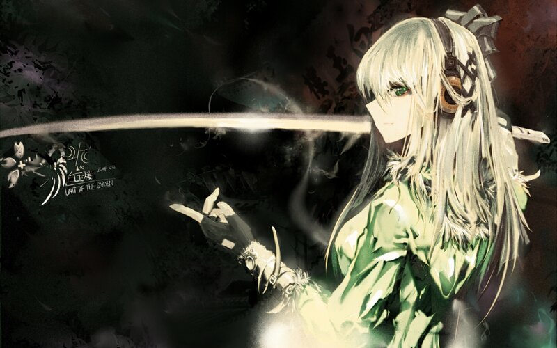 Anime Girl with Sword — Green, Dramatic, Night, Digital Art, Headphones