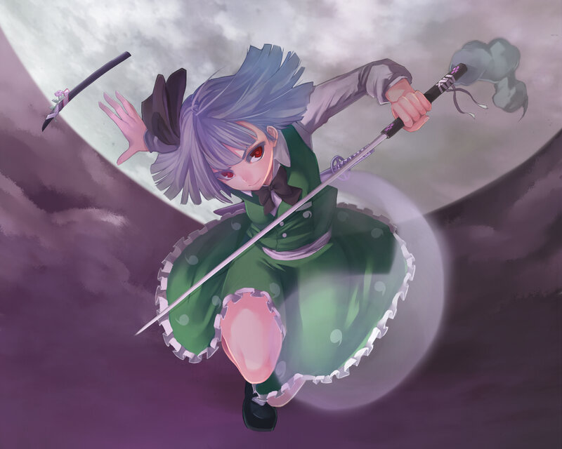 Anime Girl with Sword — Green, Dramatic, Night, Digital Art, Moon