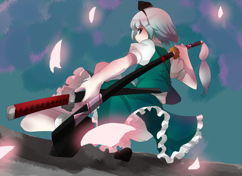 Anime Girl with Sword — Green, Dramatic, Night, Digital Art, Sakura Petals
