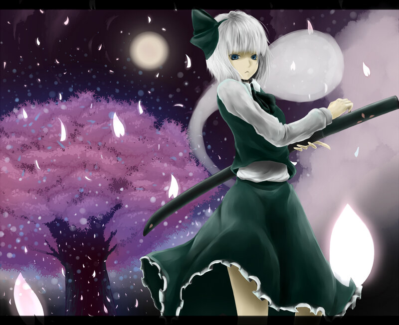 Anime Girl with Sword — Green, Dramatic, Night, Digital Art, Sakura Tree