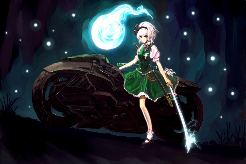 Anime Girl with Sword — Green, Dramatic, Night, Digital Art