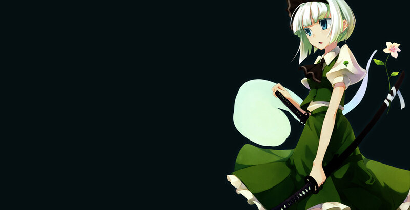 Anime Girl with Sword — Green, Dramatic, Night, Flower